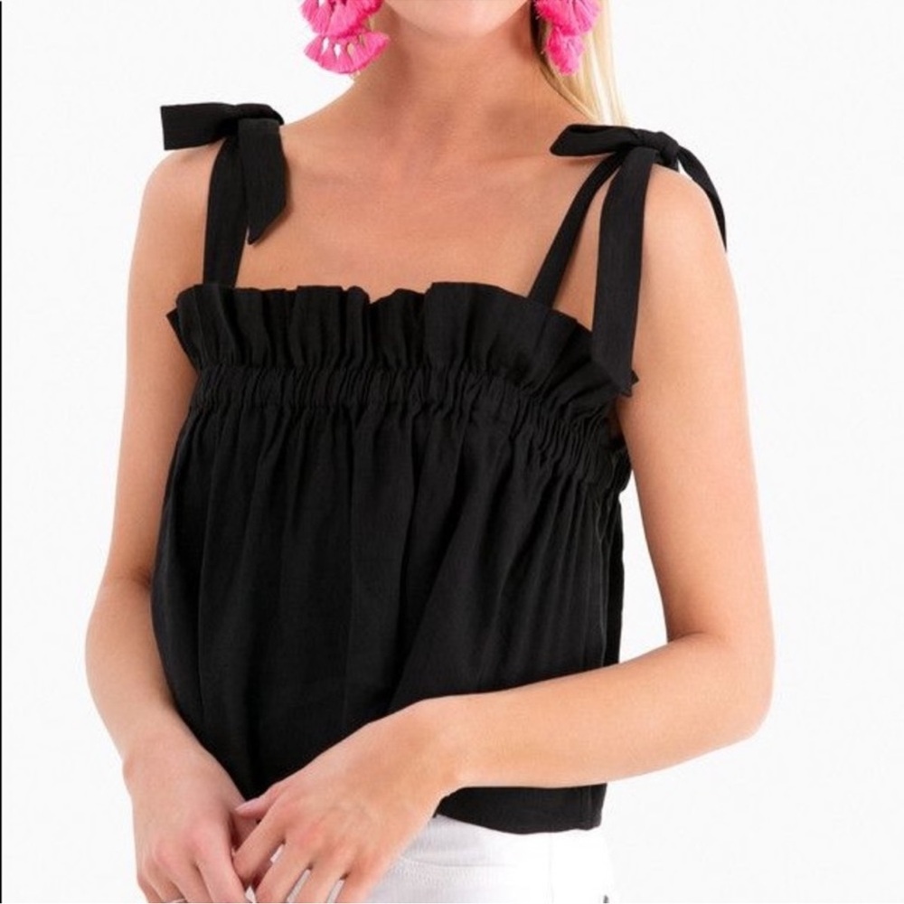 Whit Black Cropped Uma Top Tie Straps‎ Elastic Ruffle Detail Linen Tank Size S